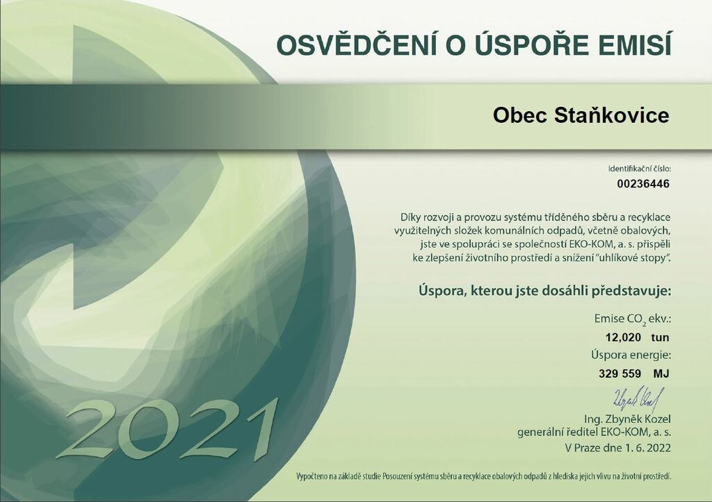 EKO-KOM Osvědčení o úspoře emisí za rok 2021 - Obec Staňkovice